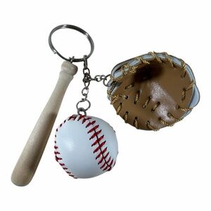 Source Unknown Baseball Keychain Set - White, Brown, Silver